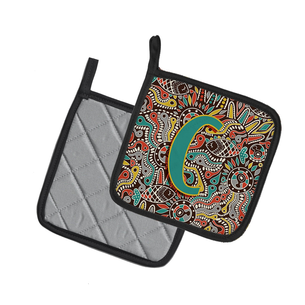 Letter C Retro Tribal Alphabet Initial Pot Holder Set of 2 Heat Resistant Quilted Hot Pads 7.5 x 7.5 Inch, Insulated Kitchen Trivets for Cooking & Baking