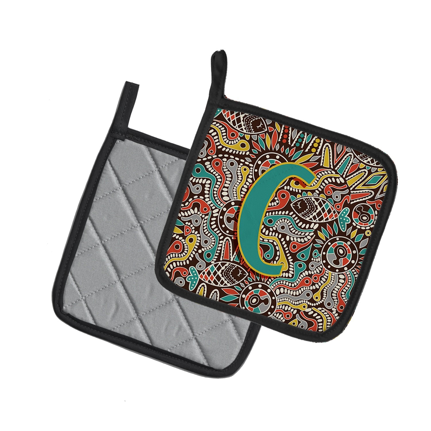 Letter C Retro Tribal Alphabet Initial Pot Holder Set of 2 Heat Resistant Quilted Hot Pads 7.5 x 7.5 Inch, Insulated Kitchen Trivets for Cooking & Baking