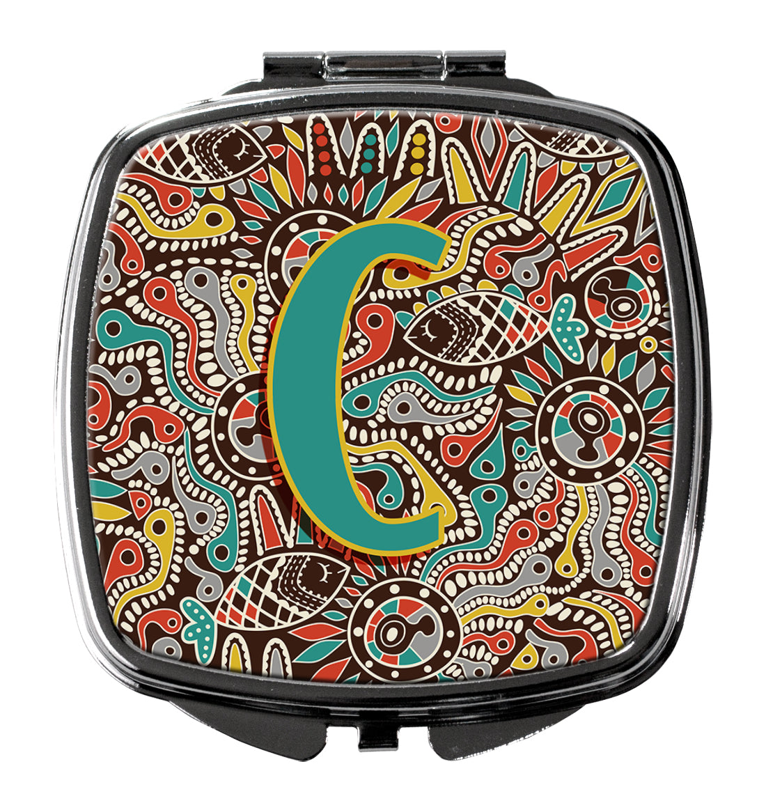 Letter C Retro Tribal Alphabet Initial Compact Mirror Decorative Travel Makeup Mirror for Women Girls Gifts Pocket Makeup Mirror Folding Handheld
