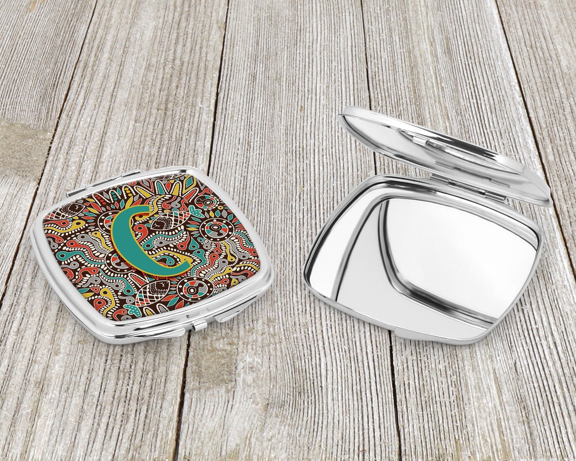 Letter C Retro Tribal Alphabet Initial Compact Mirror Decorative Travel Makeup Mirror for Women Girls Gifts Pocket Makeup Mirror Folding Handheld
