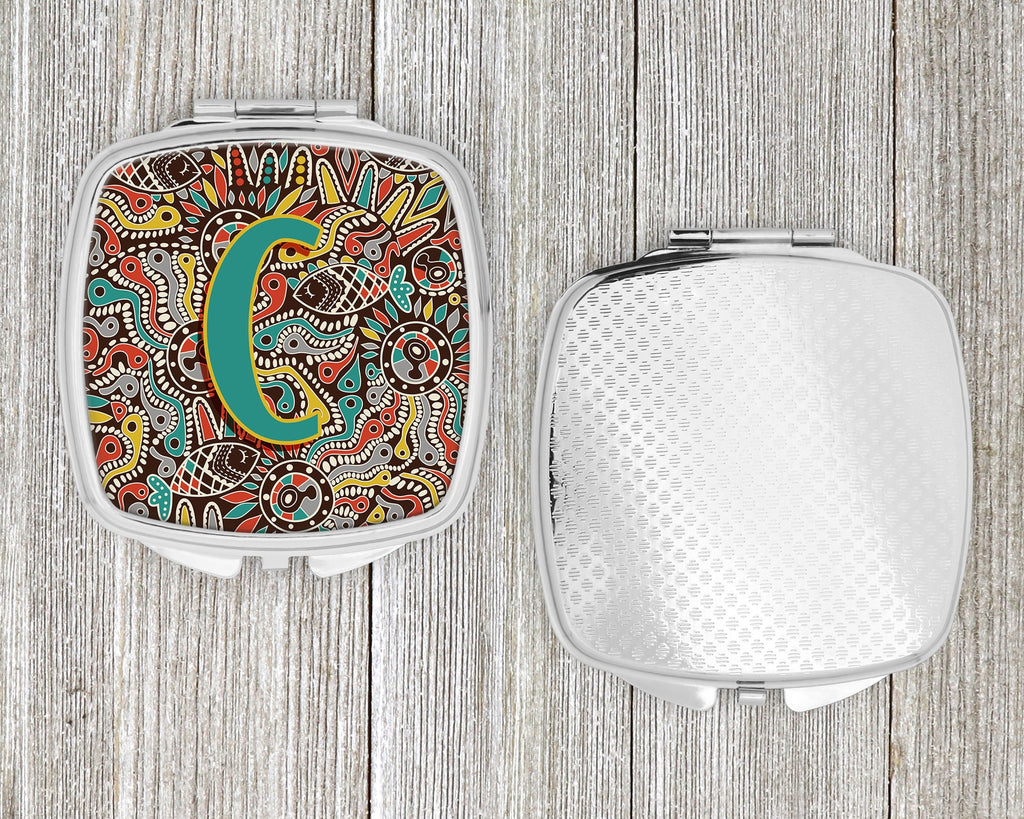 Letter C Retro Tribal Alphabet Initial Compact Mirror Decorative Travel Makeup Mirror for Women Girls Gifts Pocket Makeup Mirror Folding Handheld