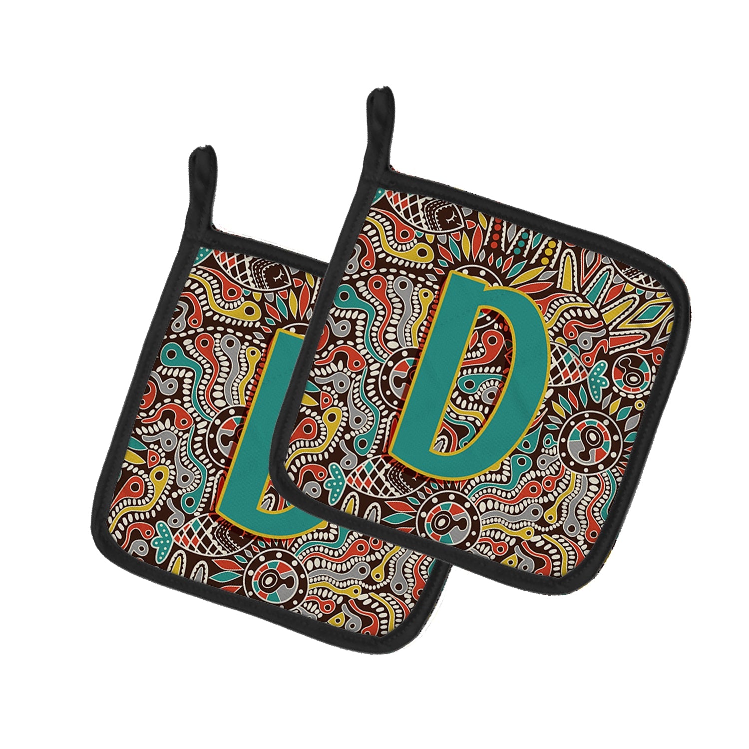 Letter D Retro Tribal Alphabet Initial Pot Holder Set of 2 Heat Resistant Quilted Hot Pads 7.5 x 7.5 Inch, Insulated Kitchen Trivets for Cooking & Baking