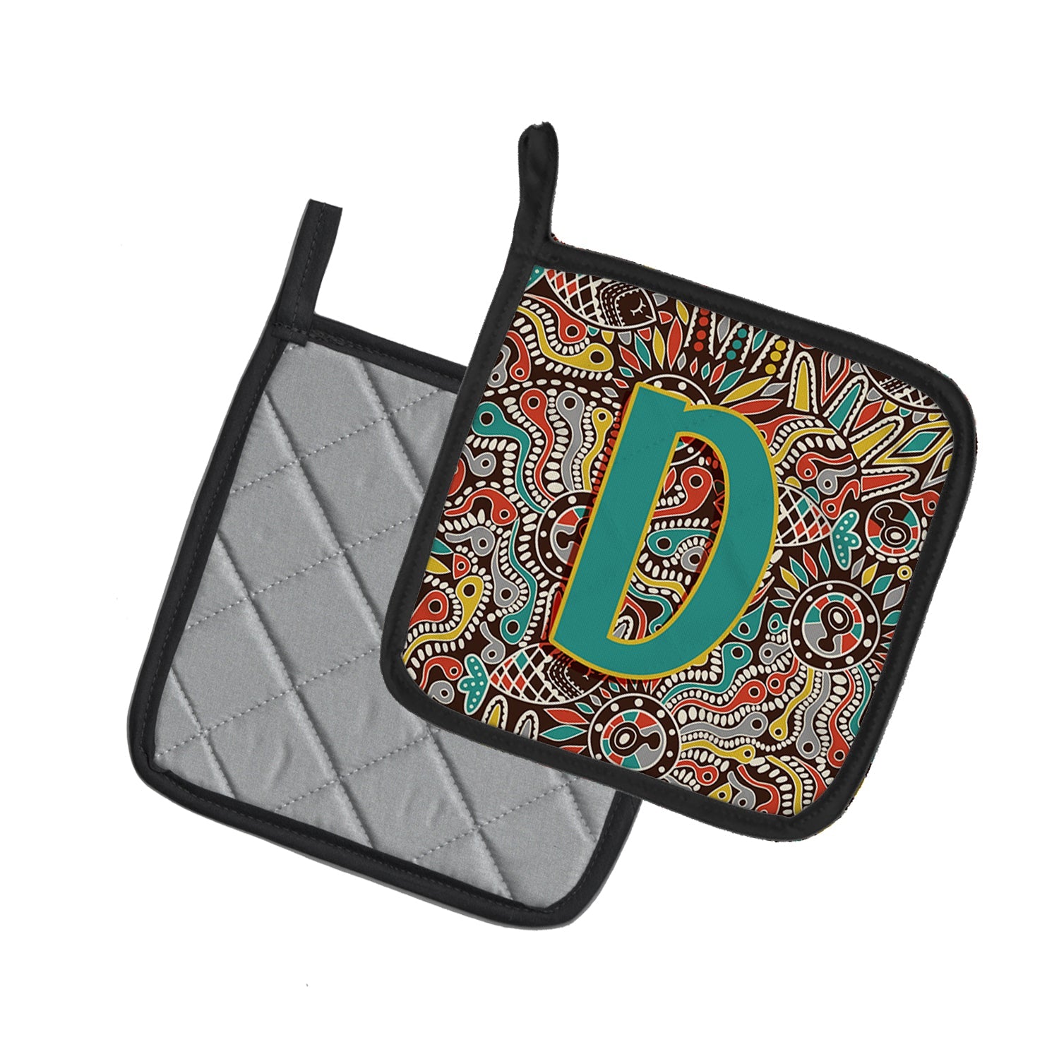 Letter D Retro Tribal Alphabet Initial Pot Holder Set of 2 Heat Resistant Quilted Hot Pads 7.5 x 7.5 Inch, Insulated Kitchen Trivets for Cooking & Baking