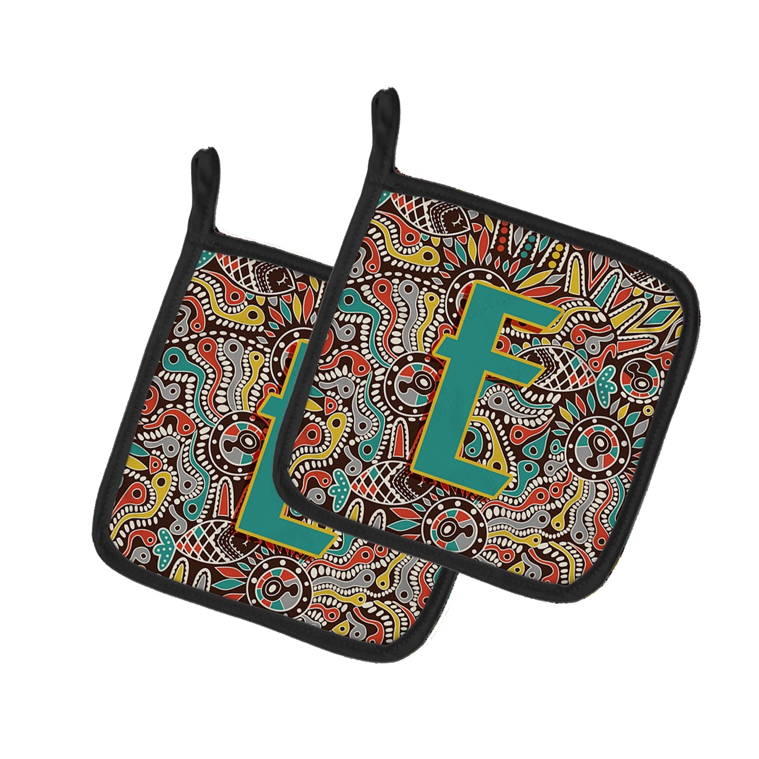Letter E Retro Tribal Alphabet Initial Pot Holder Set of 2 Heat Resistant Quilted Hot Pads 7.5 x 7.5 Inch, Insulated Kitchen Trivets for Cooking & Baking