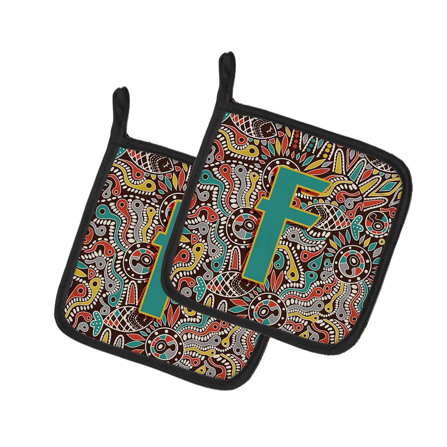 Letter F Retro Tribal Alphabet Initial Pot Holder Set of 2 Heat Resistant Quilted Hot Pads 7.5 x 7.5 Inch, Insulated Kitchen Trivets for Cooking & Baking