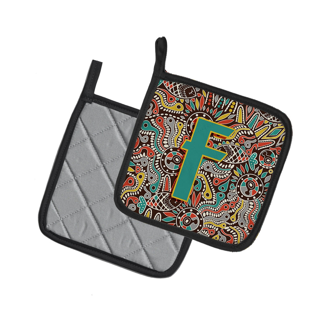 Letter F Retro Tribal Alphabet Initial Pot Holder Set of 2 Heat Resistant Quilted Hot Pads 7.5 x 7.5 Inch, Insulated Kitchen Trivets for Cooking & Baking