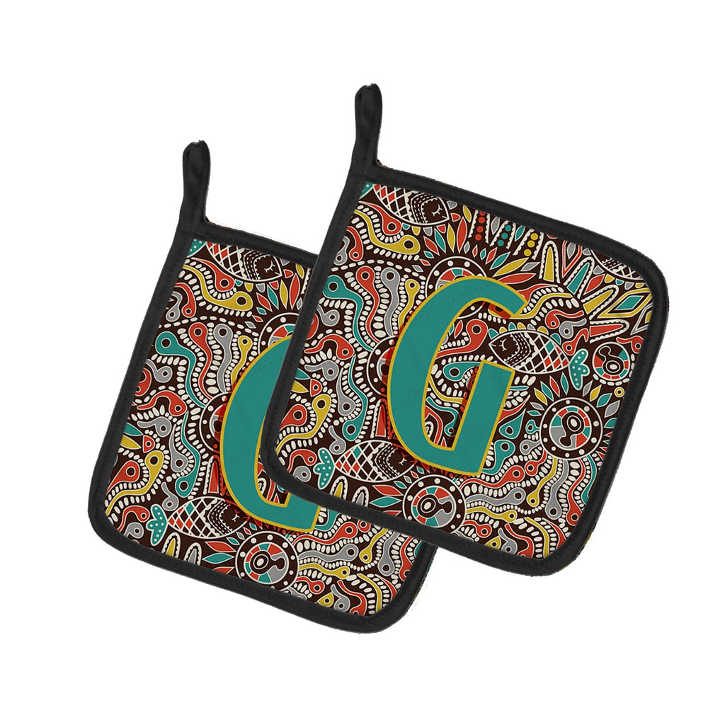 Letter G Retro Tribal Alphabet Initial Pot Holder Set of 2 Heat Resistant Quilted Hot Pads 7.5 x 7.5 Inch, Insulated Kitchen Trivets for Cooking & Baking