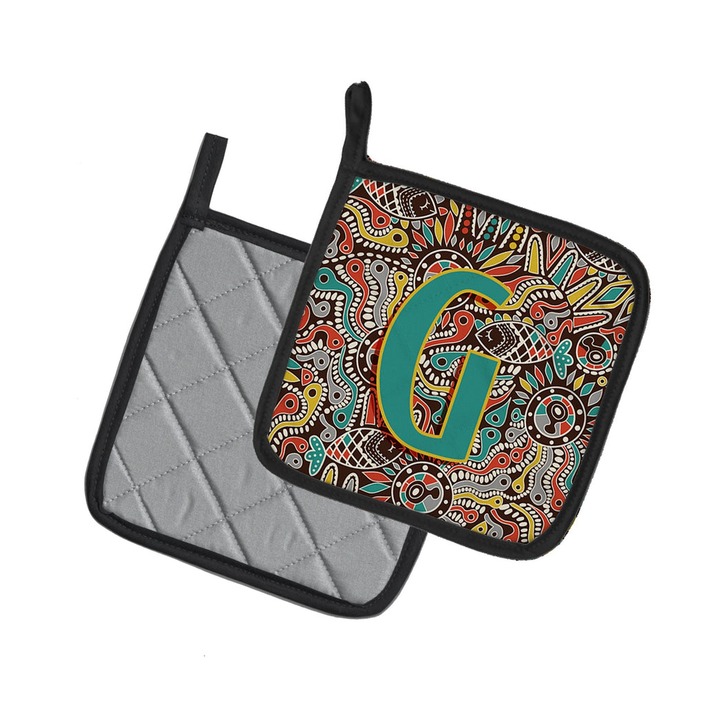 Letter G Retro Tribal Alphabet Initial Pot Holder Set of 2 Heat Resistant Quilted Hot Pads 7.5 x 7.5 Inch, Insulated Kitchen Trivets for Cooking & Baking