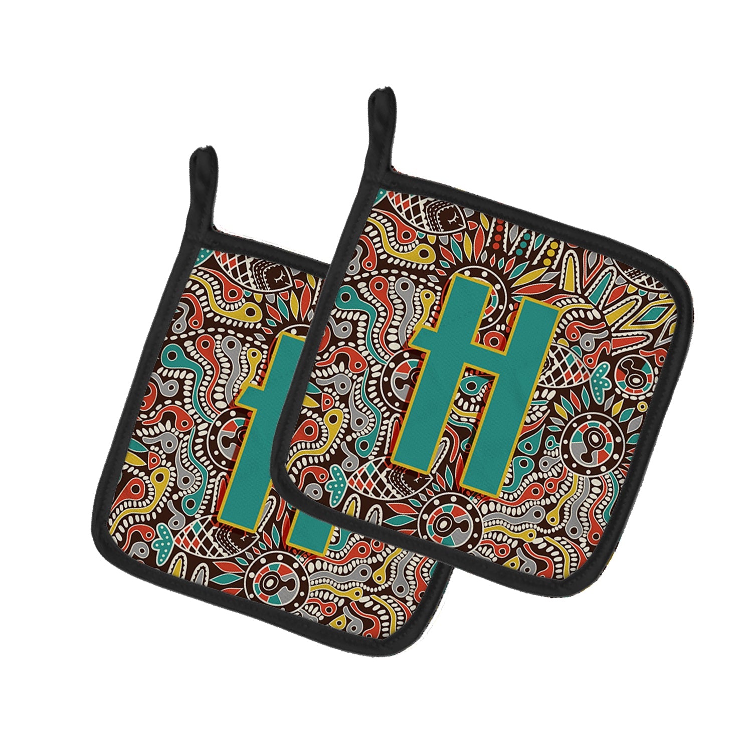 Letter H Retro Tribal Alphabet Initial Pot Holder Set of 2 Heat Resistant Quilted Hot Pads 7.5 x 7.5 Inch, Insulated Kitchen Trivets for Cooking & Baking