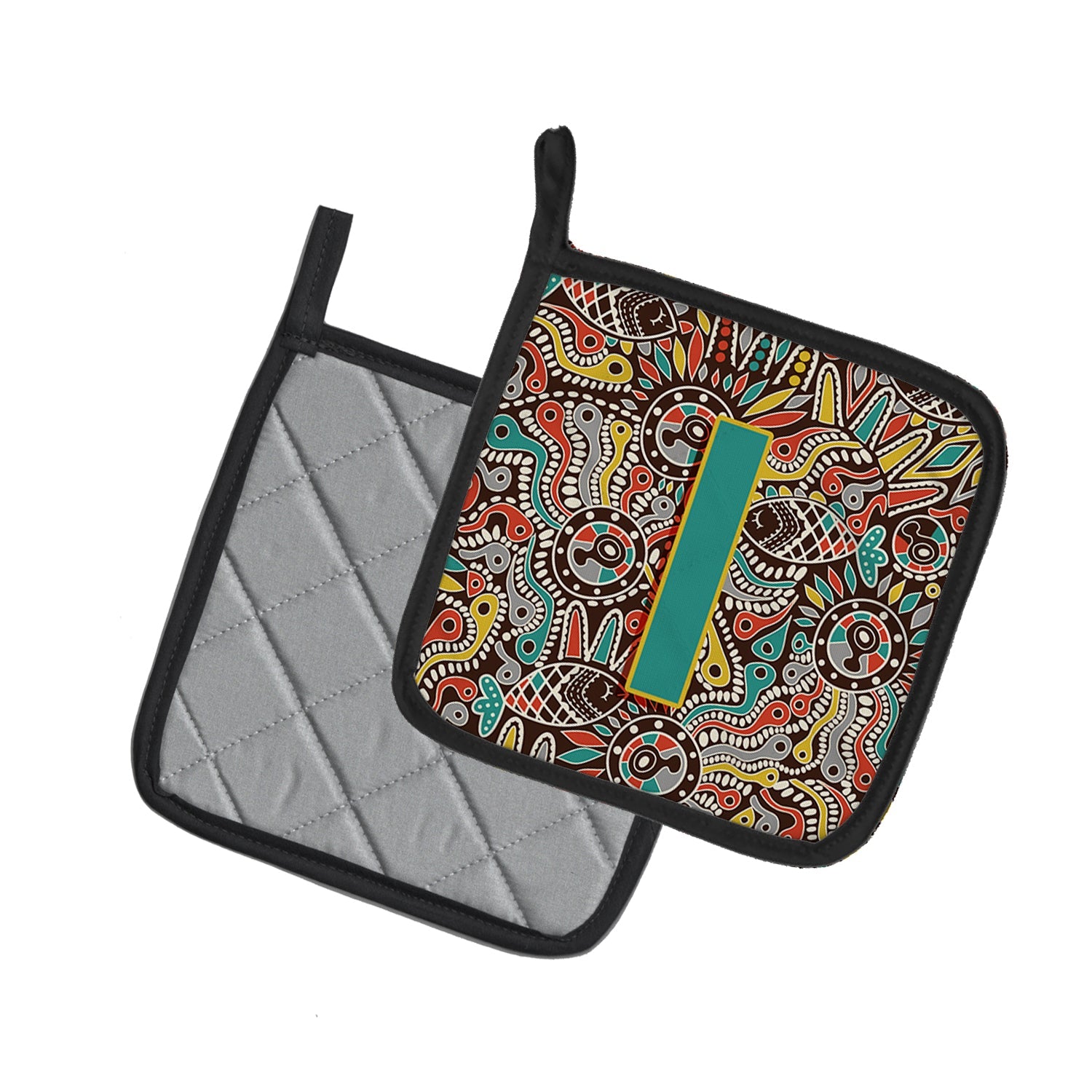 Letter I Retro Tribal Alphabet Initial Pot Holder Set of 2 Heat Resistant Quilted Hot Pads 7.5 x 7.5 Inch, Insulated Kitchen Trivets for Cooking & Baking