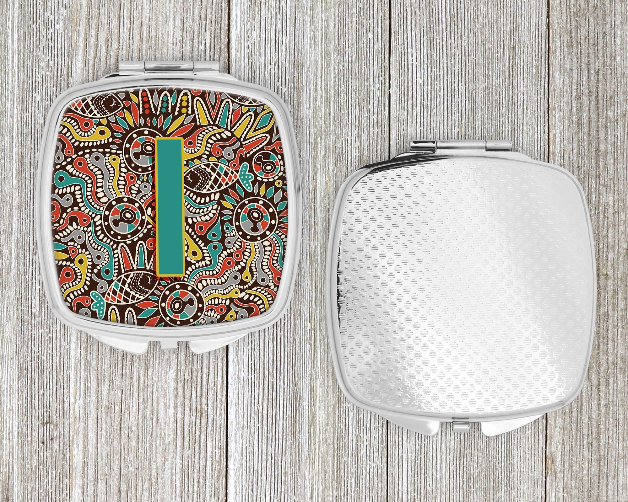 Letter I Retro Tribal Alphabet Initial Compact Mirror Decorative Travel Makeup Mirror for Women Girls Gifts Pocket Makeup Mirror Folding Handheld