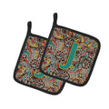 Letter J Retro Tribal Alphabet Initial Pot Holder Set of 2 Heat Resistant Quilted Hot Pads 7.5 x 7.5 Inch, Insulated Kitchen Trivets for Cooking & Baking