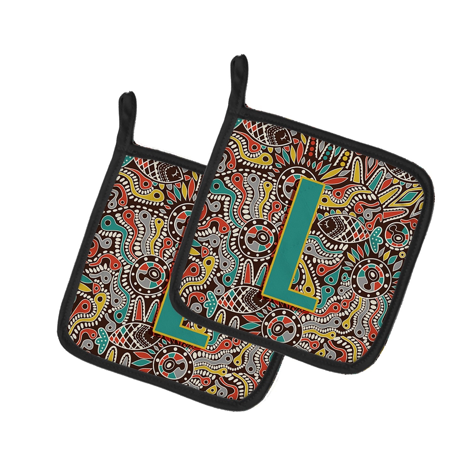 Letter L Retro Tribal Alphabet Initial Pot Holder Set of 2 Heat Resistant Quilted Hot Pads 7.5 x 7.5 Inch, Insulated Kitchen Trivets for Cooking & Baking