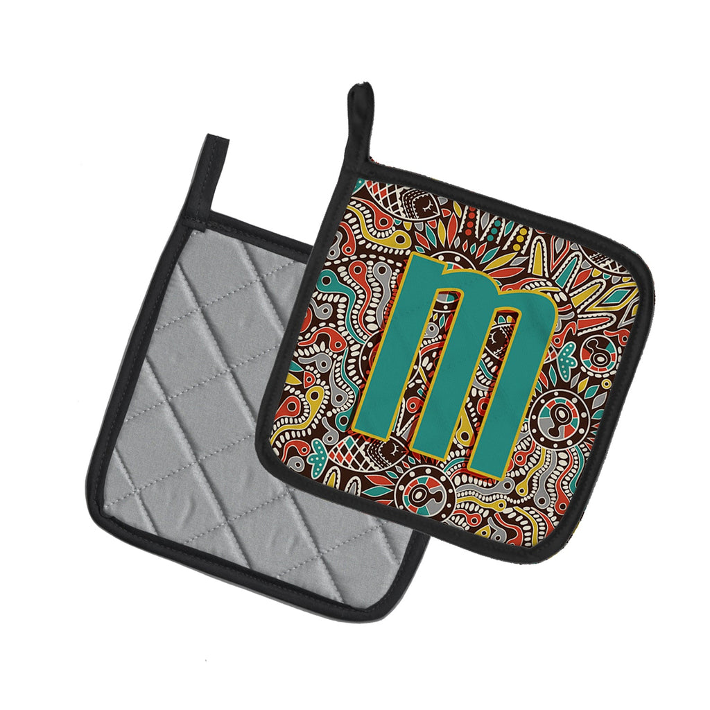 Letter M Retro Tribal Alphabet Initial Pot Holder Set of 2 Heat Resistant Quilted Hot Pads 7.5 x 7.5 Inch, Insulated Kitchen Trivets for Cooking & Baking