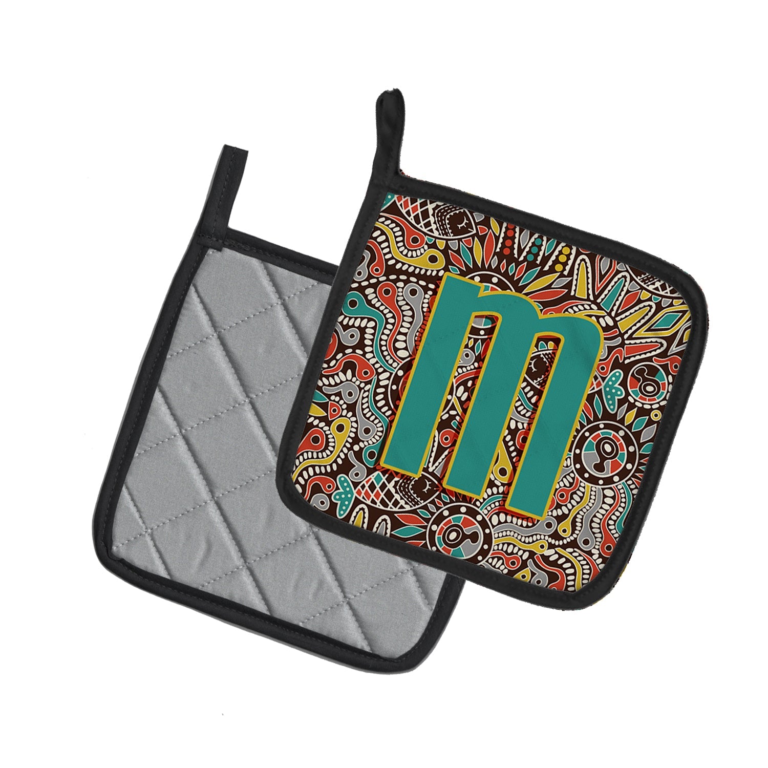 Letter M Retro Tribal Alphabet Initial Pot Holder Set of 2 Heat Resistant Quilted Hot Pads 7.5 x 7.5 Inch, Insulated Kitchen Trivets for Cooking & Baking