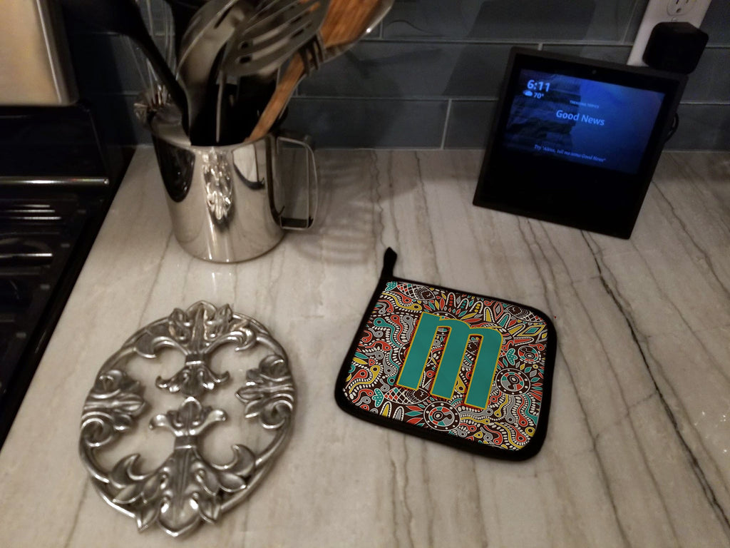 Letter M Retro Tribal Alphabet Initial Pot Holder Set of 2 Heat Resistant Quilted Hot Pads 7.5 x 7.5 Inch, Insulated Kitchen Trivets for Cooking & Baking