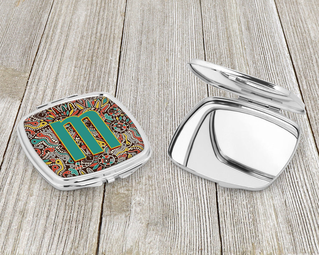 Letter M Retro Tribal Alphabet Initial Compact Mirror Decorative Travel Makeup Mirror for Women Girls Gifts Pocket Makeup Mirror Folding Handheld