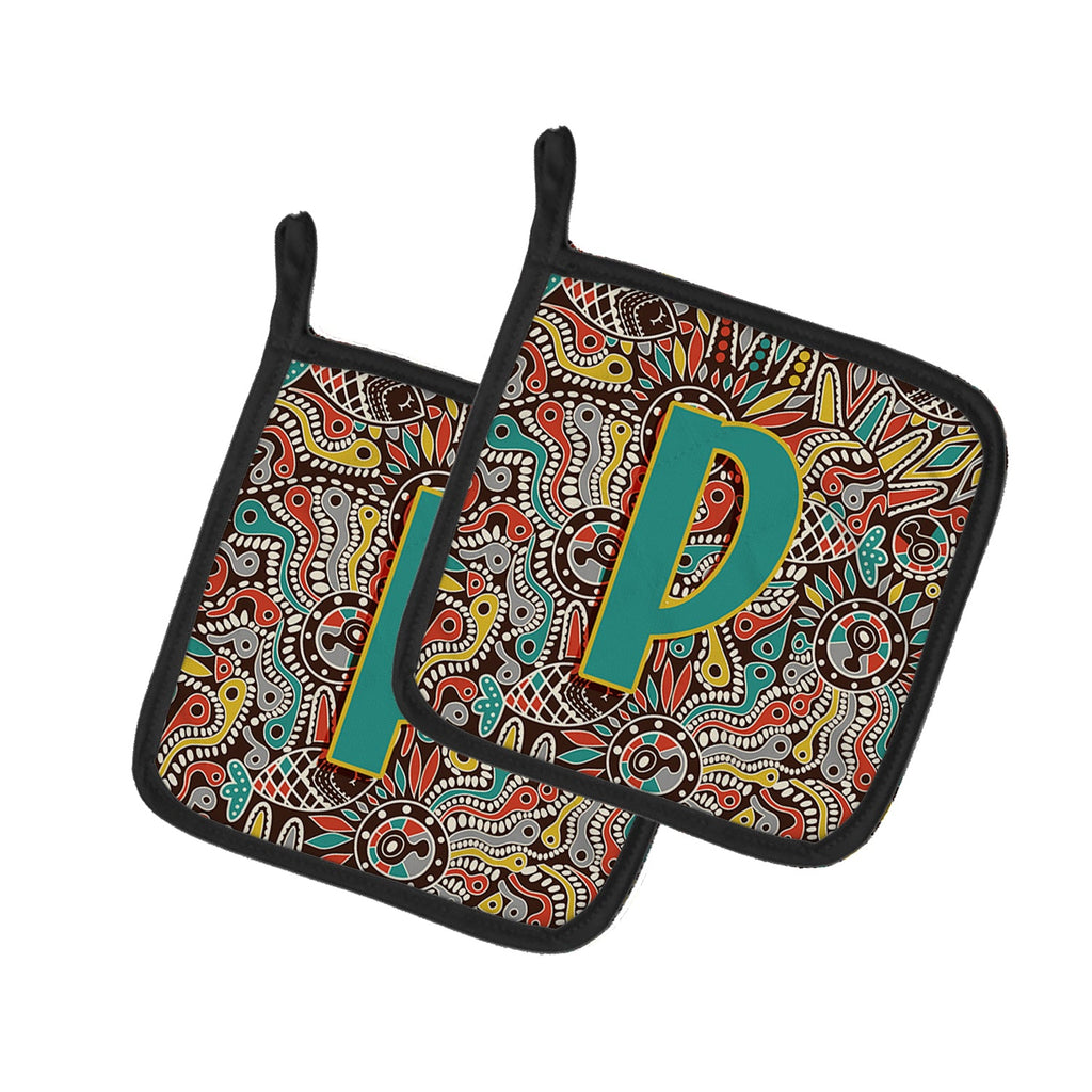 Letter P Retro Tribal Alphabet Initial Pot Holder Set of 2 Heat Resistant Quilted Hot Pads 7.5 x 7.5 Inch, Insulated Kitchen Trivets for Cooking & Baking