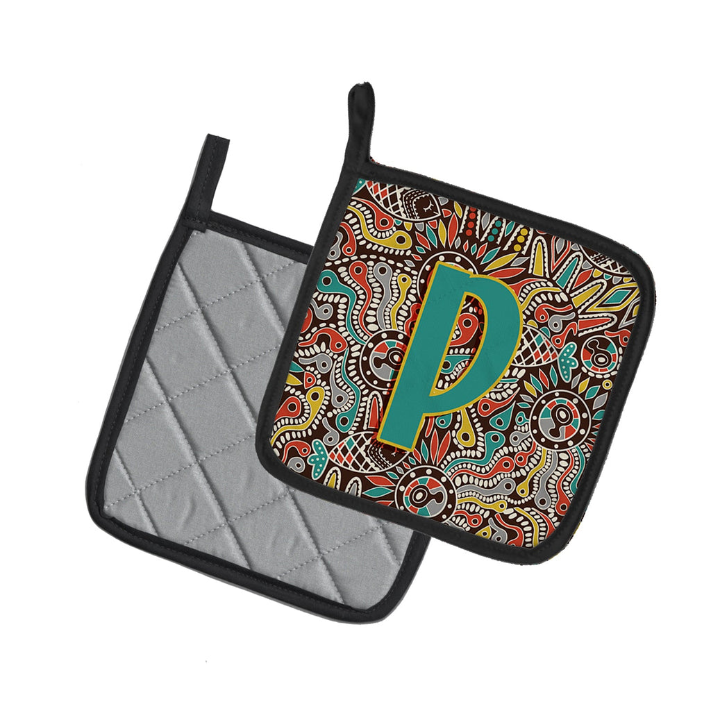Letter P Retro Tribal Alphabet Initial Pot Holder Set of 2 Heat Resistant Quilted Hot Pads 7.5 x 7.5 Inch, Insulated Kitchen Trivets for Cooking & Baking