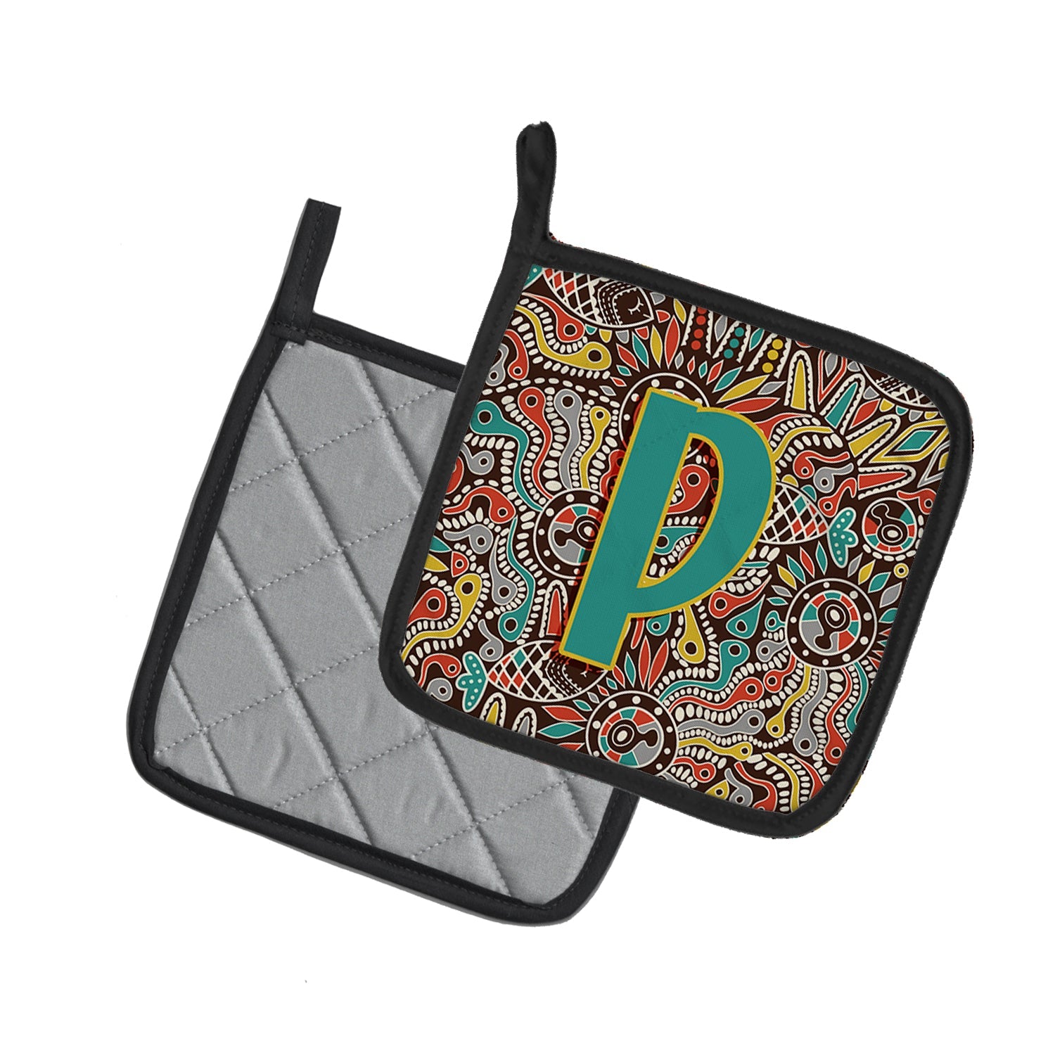 Letter P Retro Tribal Alphabet Initial Pot Holder Set of 2 Heat Resistant Quilted Hot Pads 7.5 x 7.5 Inch, Insulated Kitchen Trivets for Cooking & Baking