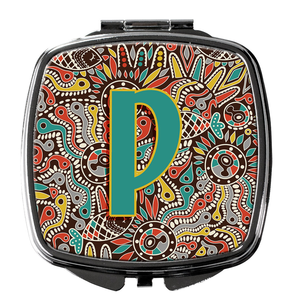 Letter P Retro Tribal Alphabet Initial Compact Mirror Decorative Travel Makeup Mirror for Women Girls Gifts Pocket Makeup Mirror Folding Handheld
