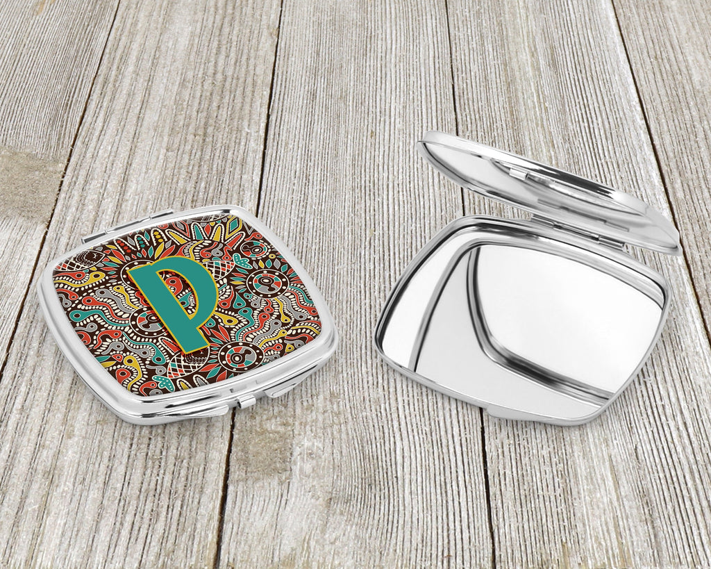 Letter P Retro Tribal Alphabet Initial Compact Mirror Decorative Travel Makeup Mirror for Women Girls Gifts Pocket Makeup Mirror Folding Handheld
