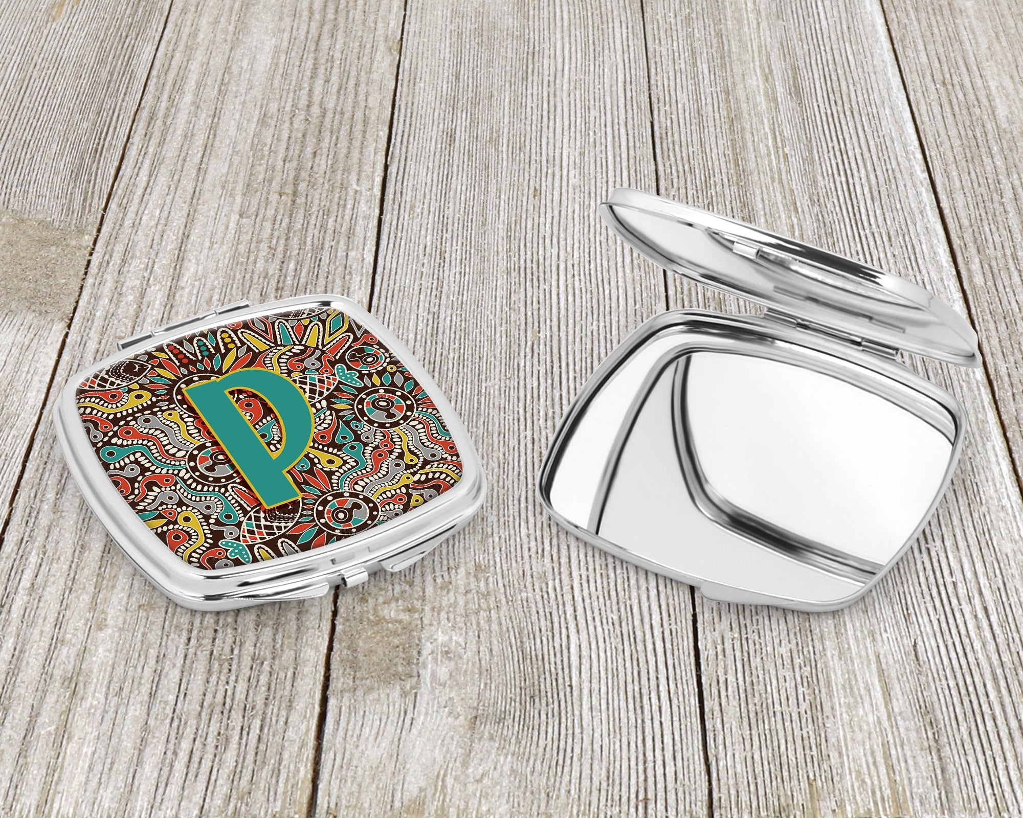 Letter P Retro Tribal Alphabet Initial Compact Mirror Decorative Travel Makeup Mirror for Women Girls Gifts Pocket Makeup Mirror Folding Handheld