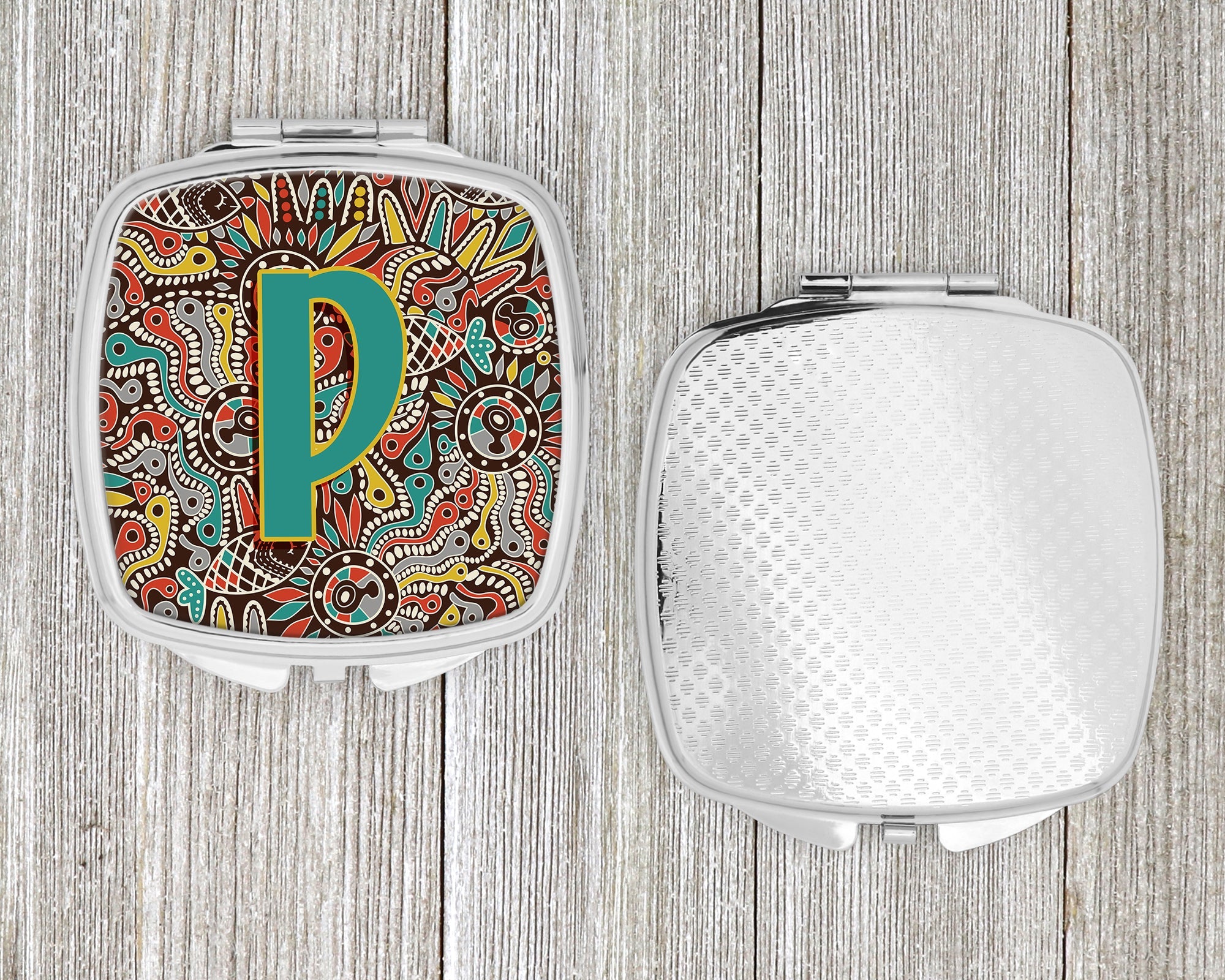 Letter P Retro Tribal Alphabet Initial Compact Mirror Decorative Travel Makeup Mirror for Women Girls Gifts Pocket Makeup Mirror Folding Handheld
