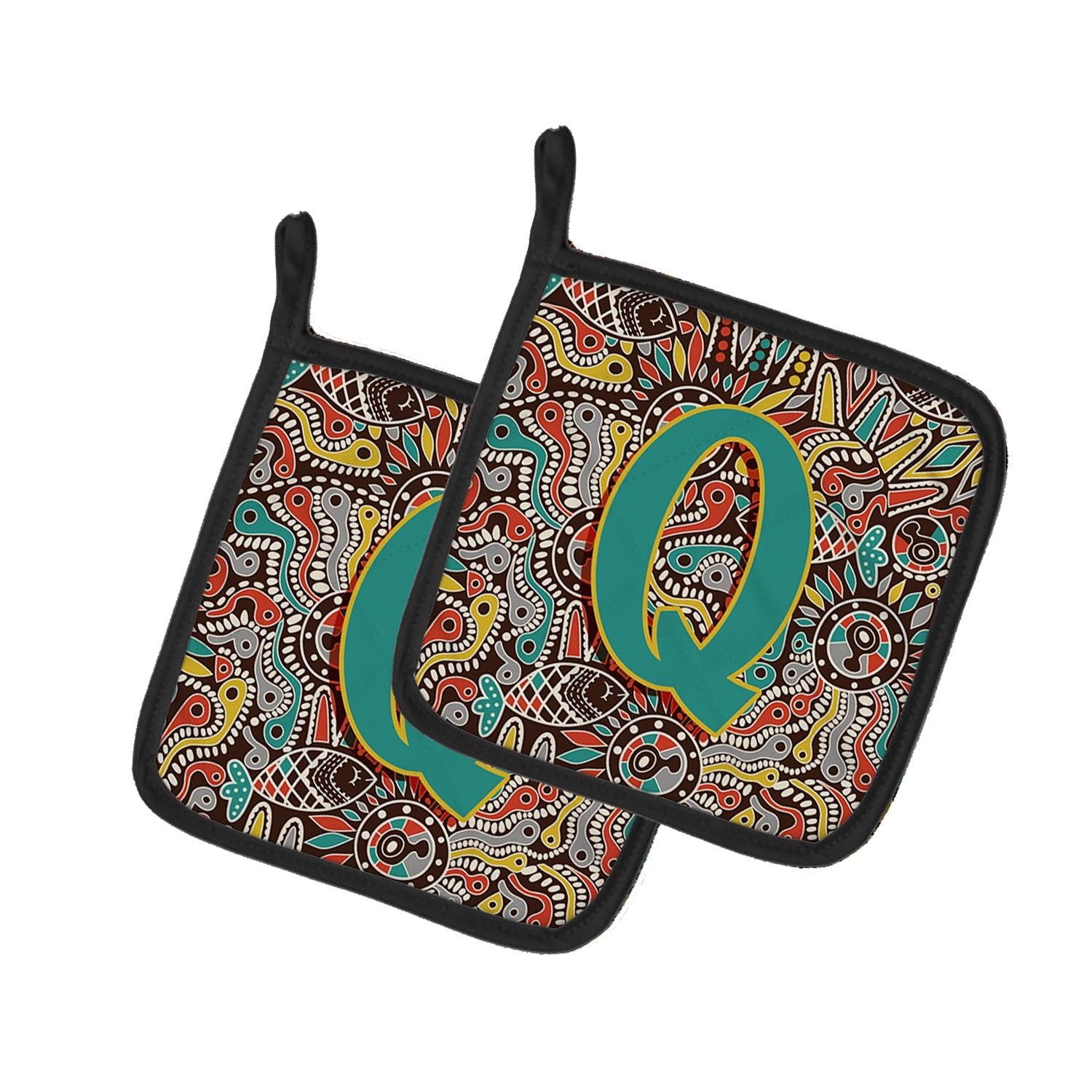 Letter Q Retro Tribal Alphabet Initial Pot Holder Set of 2 Heat Resistant Quilted Hot Pads 7.5 x 7.5 Inch, Insulated Kitchen Trivets for Cooking & Baking