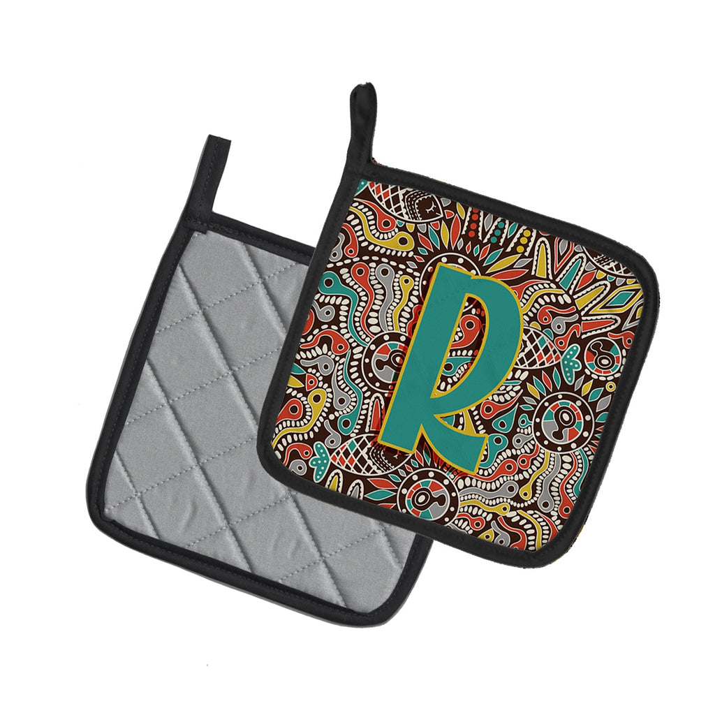 Letter R Retro Tribal Alphabet Initial Pot Holder Set of 2 Heat Resistant Quilted Hot Pads 7.5 x 7.5 Inch, Insulated Kitchen Trivets for Cooking & Baking