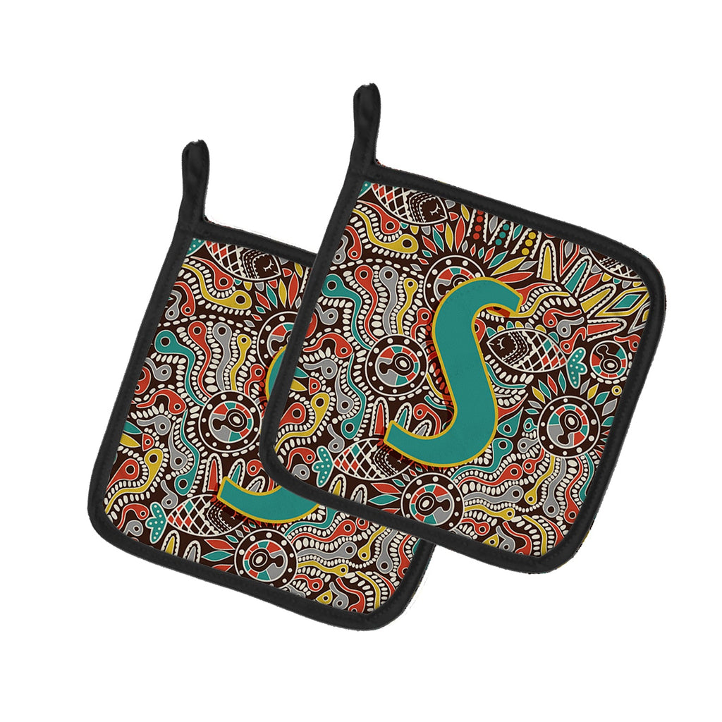 Letter S Retro Tribal Alphabet Initial Pot Holder Set of 2 Heat Resistant Quilted Hot Pads 7.5 x 7.5 Inch, Insulated Kitchen Trivets for Cooking & Baking
