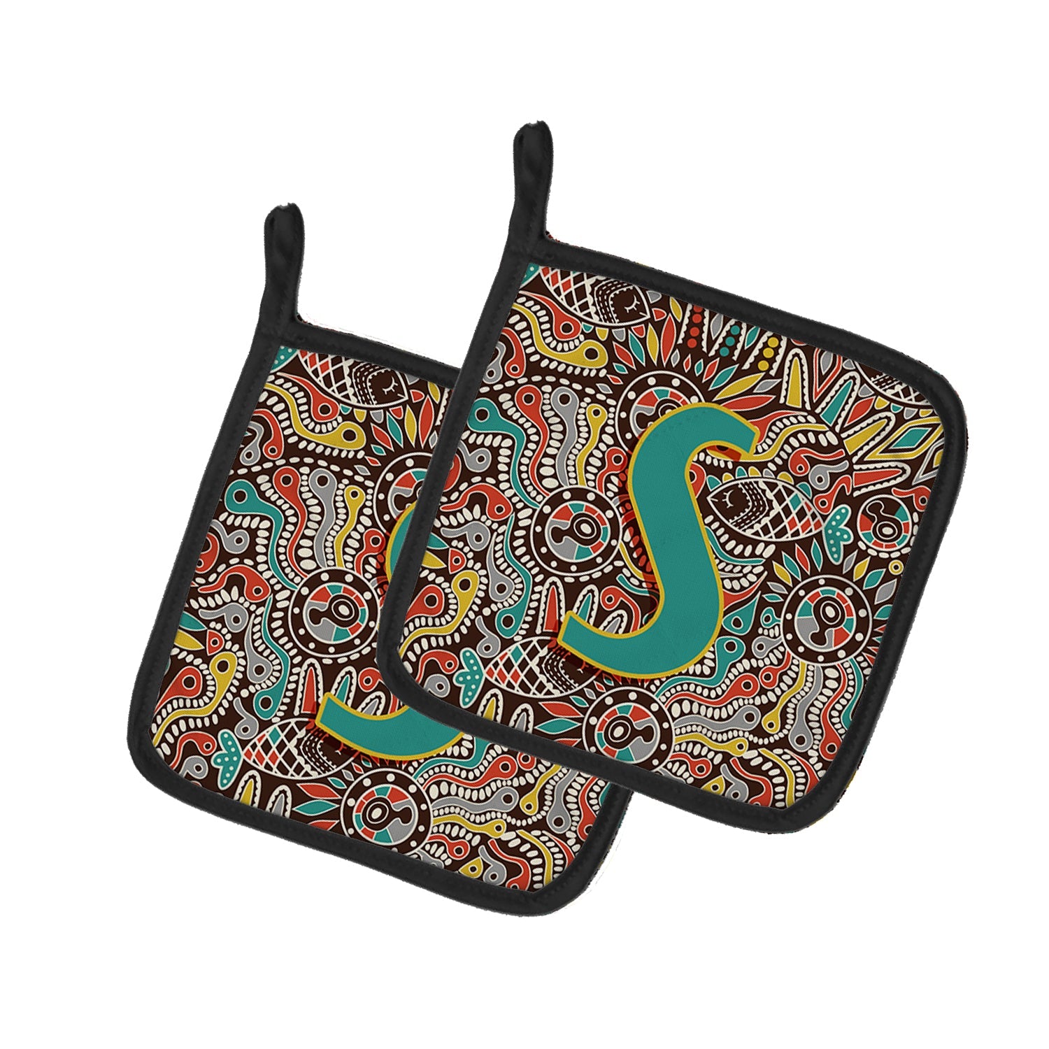 Letter S Retro Tribal Alphabet Initial Pot Holder Set of 2 Heat Resistant Quilted Hot Pads 7.5 x 7.5 Inch, Insulated Kitchen Trivets for Cooking & Baking
