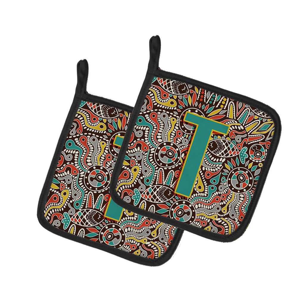 Letter T Retro Tribal Alphabet Initial Pot Holder Set of 2 Heat Resistant Quilted Hot Pads 7.5 x 7.5 Inch, Insulated Kitchen Trivets for Cooking & Baking