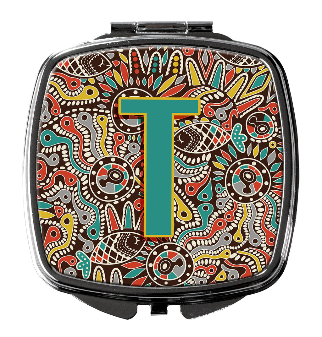 Letter T Retro Tribal Alphabet Initial Compact Mirror Decorative Travel Makeup Mirror for Women Girls Gifts Pocket Makeup Mirror Folding Handheld