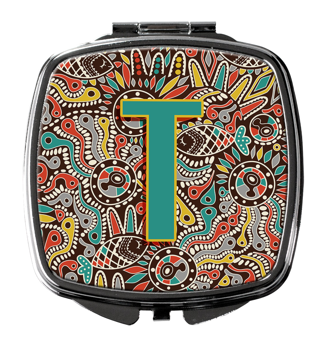 Letter T Retro Tribal Alphabet Initial Compact Mirror Decorative Travel Makeup Mirror for Women Girls Gifts Pocket Makeup Mirror Folding Handheld