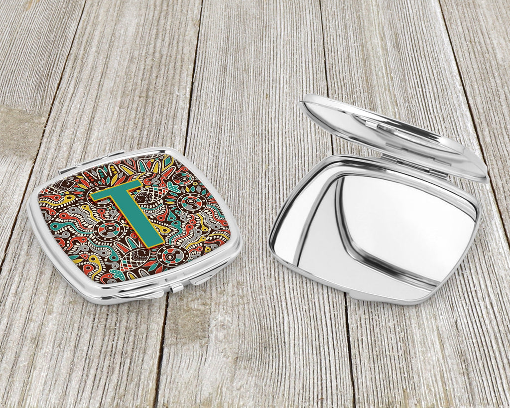 Letter T Retro Tribal Alphabet Initial Compact Mirror Decorative Travel Makeup Mirror for Women Girls Gifts Pocket Makeup Mirror Folding Handheld