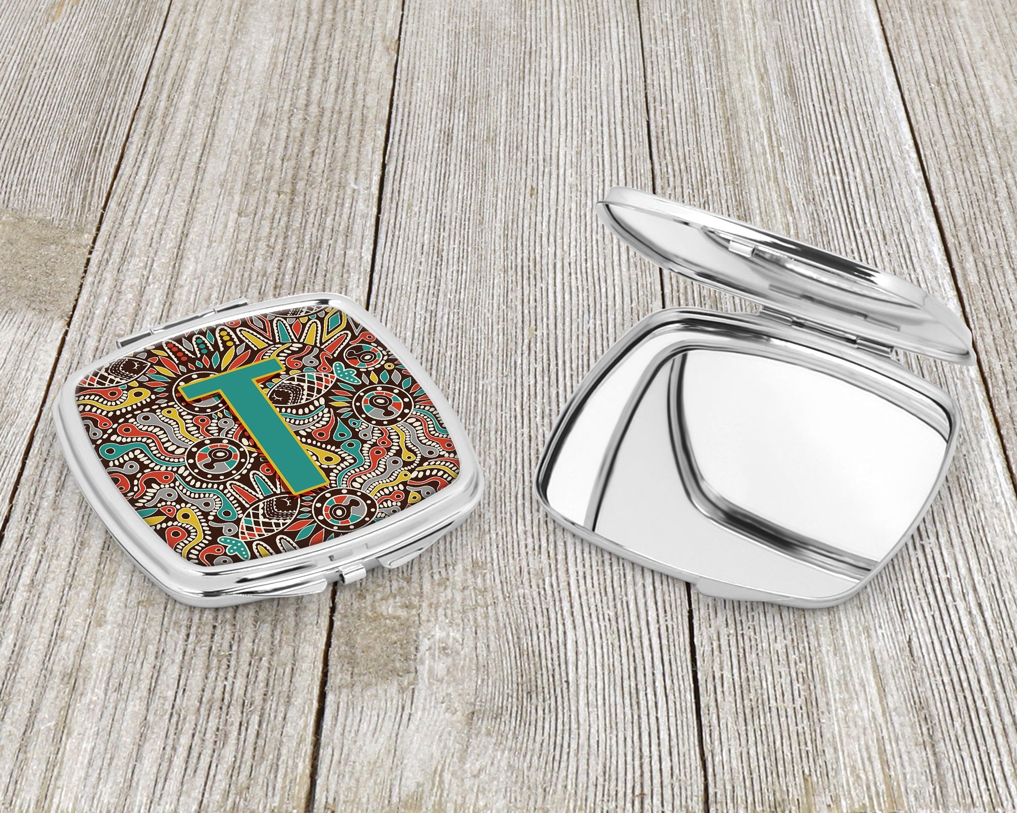Letter T Retro Tribal Alphabet Initial Compact Mirror Decorative Travel Makeup Mirror for Women Girls Gifts Pocket Makeup Mirror Folding Handheld