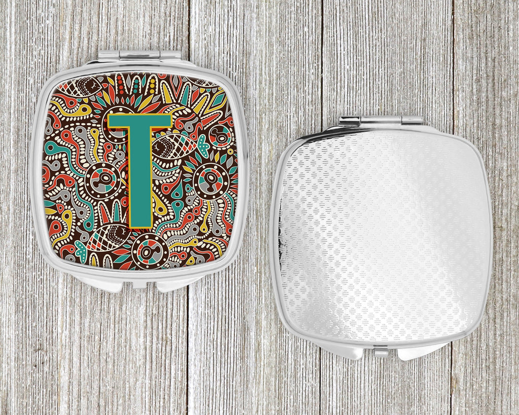 Letter T Retro Tribal Alphabet Initial Compact Mirror Decorative Travel Makeup Mirror for Women Girls Gifts Pocket Makeup Mirror Folding Handheld