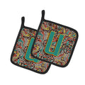 Letter U Retro Tribal Alphabet Initial Pot Holder Set of 2 Heat Resistant Quilted Hot Pads 7.5 x 7.5 Inch, Insulated Kitchen Trivets for Cooking & Baking