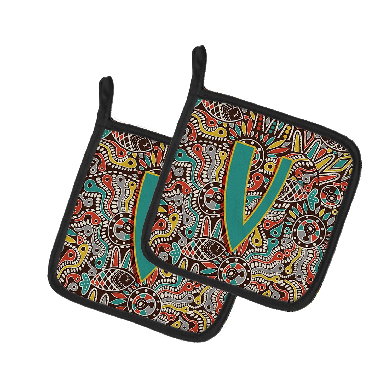 Letter V Retro Tribal Alphabet Initial Pot Holder Set of 2 Heat Resistant Quilted Hot Pads 7.5 x 7.5 Inch, Insulated Kitchen Trivets for Cooking & Baking