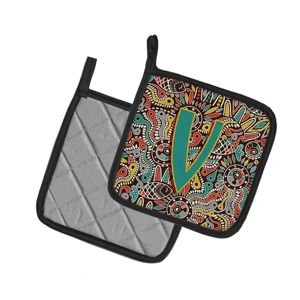 Letter V Retro Tribal Alphabet Initial Pot Holder Set of 2 Heat Resistant Quilted Hot Pads 7.5 x 7.5 Inch, Insulated Kitchen Trivets for Cooking & Baking