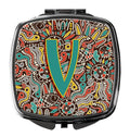 Letter V Retro Tribal Alphabet Initial Compact Mirror Decorative Travel Makeup Mirror for Women Girls Gifts Pocket Makeup Mirror Folding Handheld