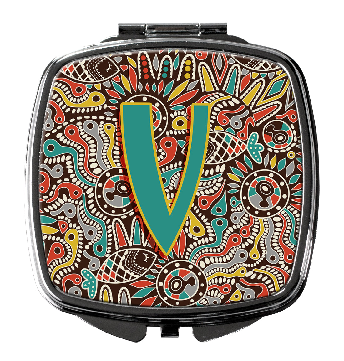 Letter V Retro Tribal Alphabet Initial Compact Mirror Decorative Travel Makeup Mirror for Women Girls Gifts Pocket Makeup Mirror Folding Handheld