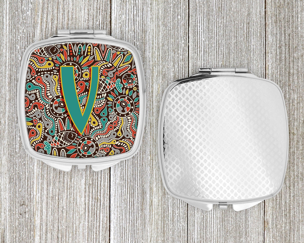 Letter V Retro Tribal Alphabet Initial Compact Mirror Decorative Travel Makeup Mirror for Women Girls Gifts Pocket Makeup Mirror Folding Handheld