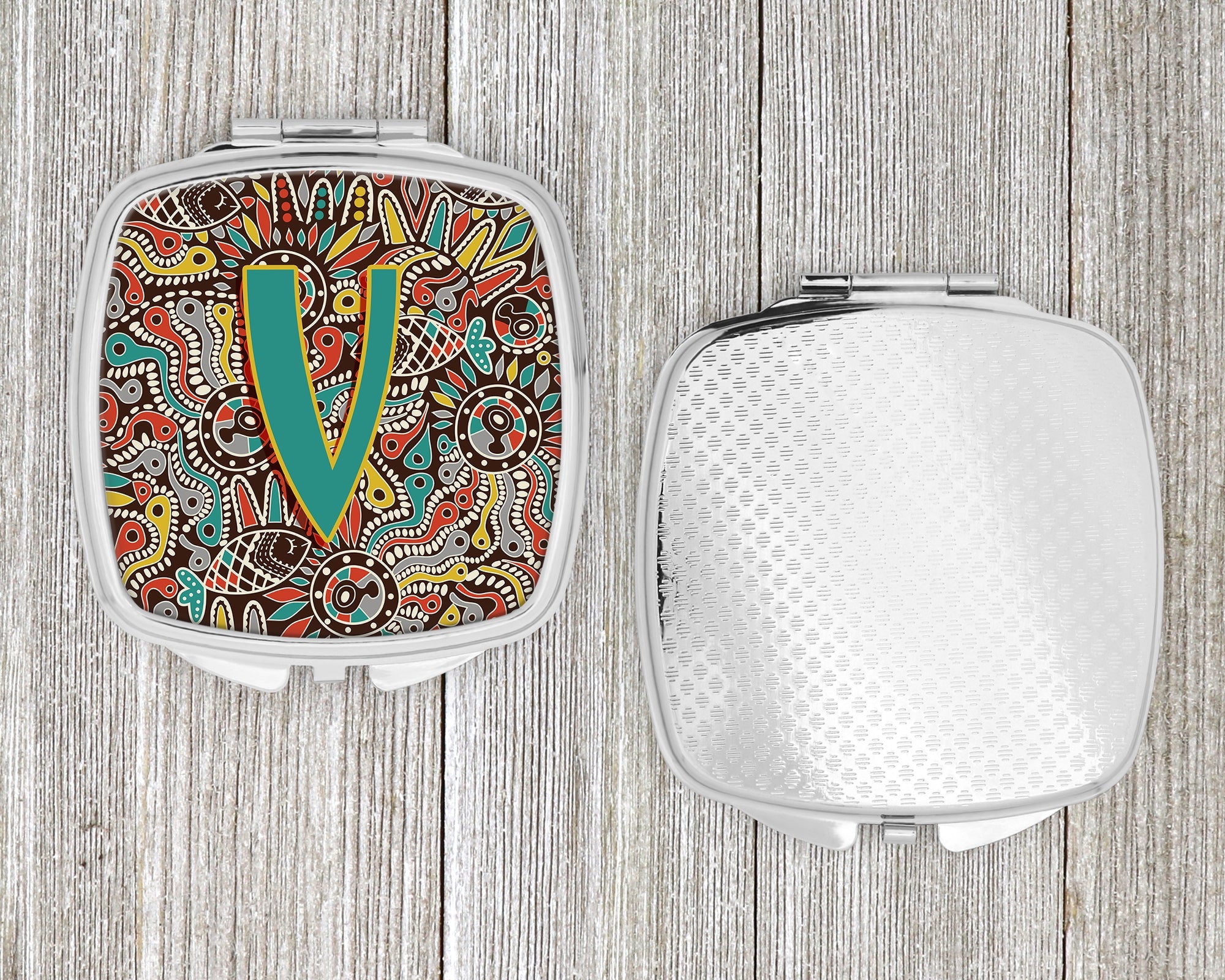 Letter V Retro Tribal Alphabet Initial Compact Mirror Decorative Travel Makeup Mirror for Women Girls Gifts Pocket Makeup Mirror Folding Handheld