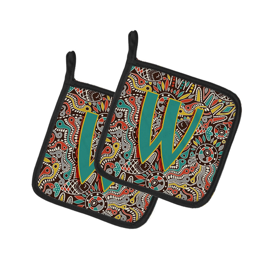 Letter W Retro Tribal Alphabet Initial Pot Holder Set of 2 Heat Resistant Quilted Hot Pads 7.5 x 7.5 Inch, Insulated Kitchen Trivets for Cooking & Baking