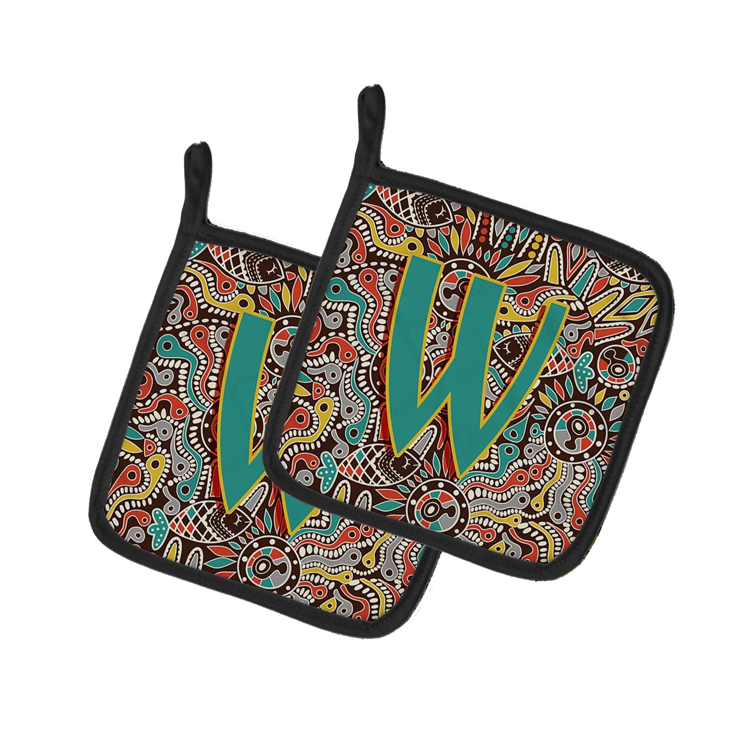 Letter W Retro Tribal Alphabet Initial Pot Holder Set of 2 Heat Resistant Quilted Hot Pads 7.5 x 7.5 Inch, Insulated Kitchen Trivets for Cooking & Baking