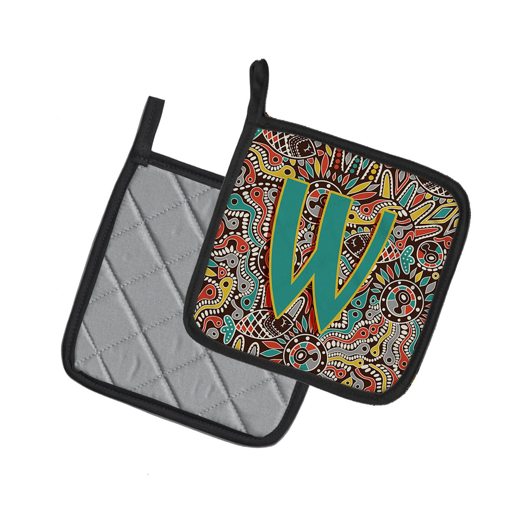 Letter W Retro Tribal Alphabet Initial Pot Holder Set of 2 Heat Resistant Quilted Hot Pads 7.5 x 7.5 Inch, Insulated Kitchen Trivets for Cooking & Baking
