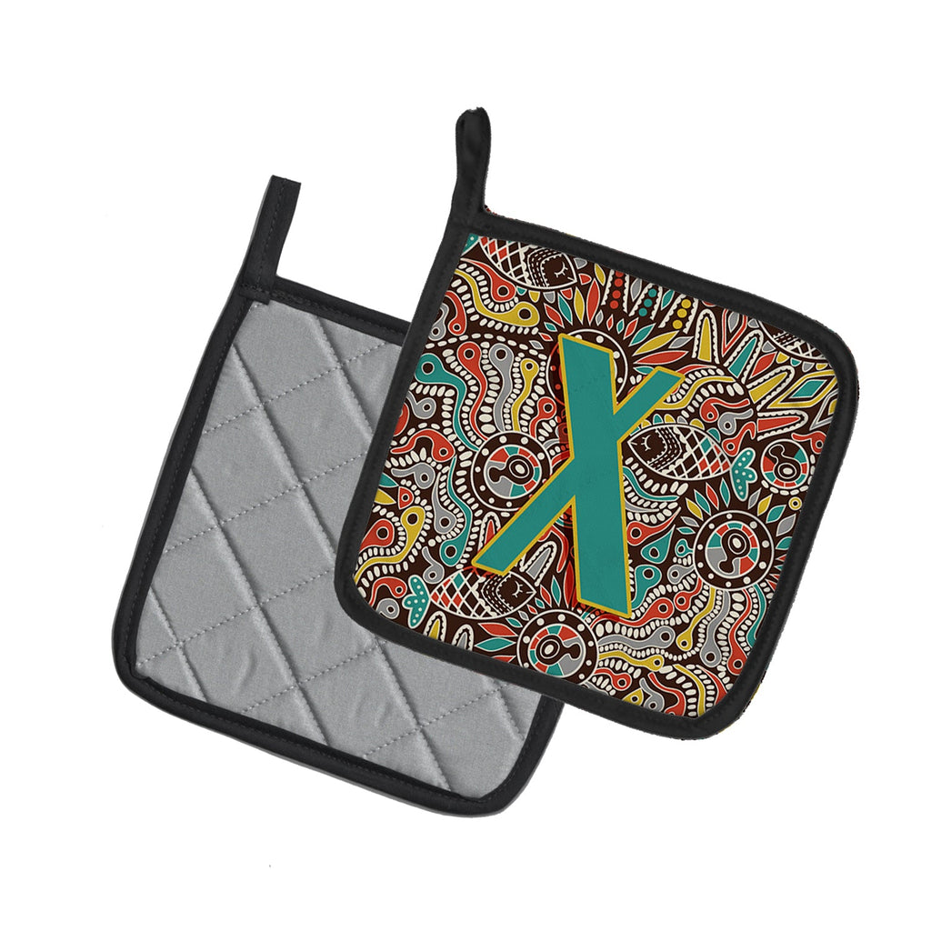 Letter X Retro Tribal Alphabet Initial Pot Holder Set of 2 Heat Resistant Quilted Hot Pads 7.5 x 7.5 Inch, Insulated Kitchen Trivets for Cooking & Baking