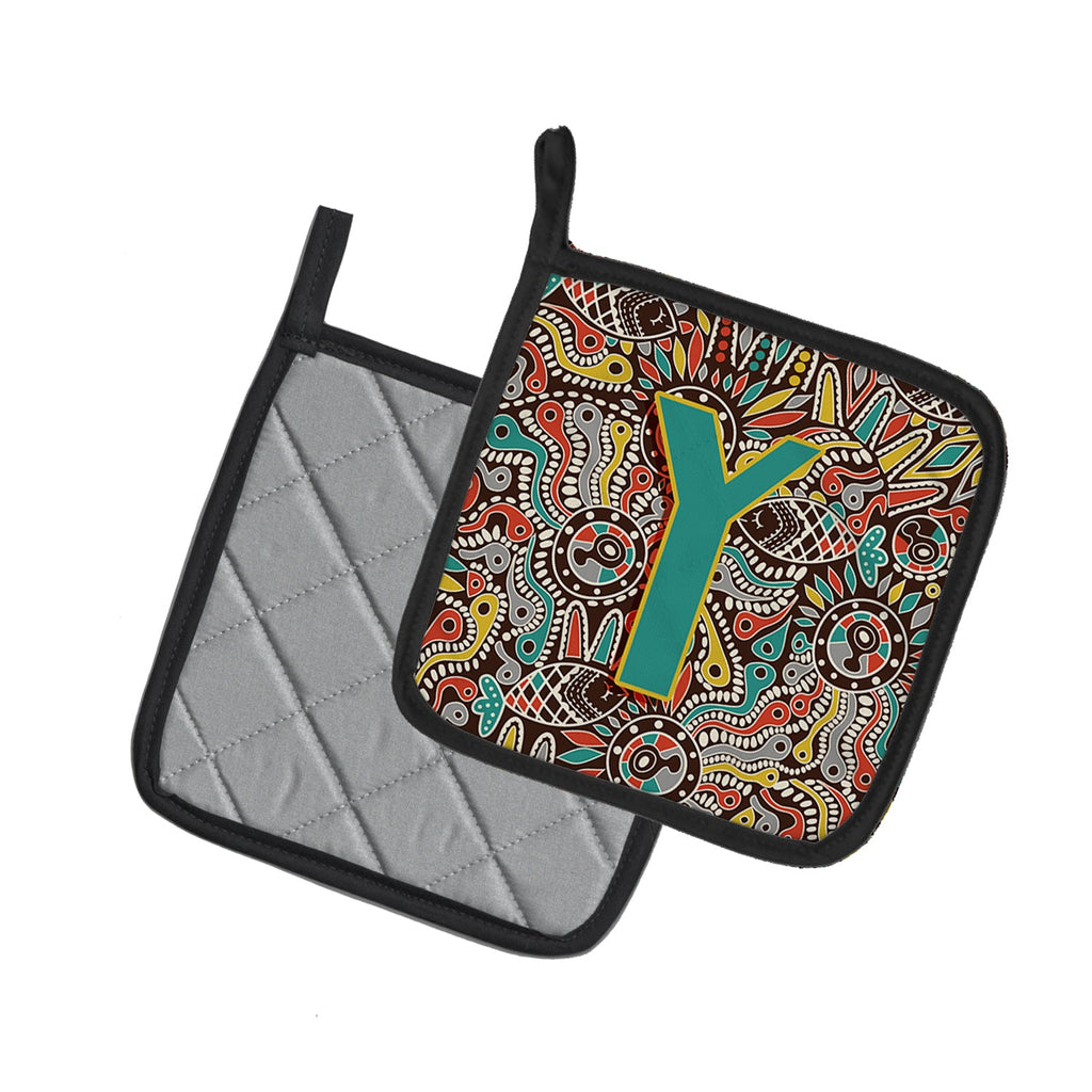 Letter Y Retro Tribal Alphabet Initial Pot Holder Set of 2 Heat Resistant Quilted Hot Pads 7.5 x 7.5 Inch, Insulated Kitchen Trivets for Cooking & Baking